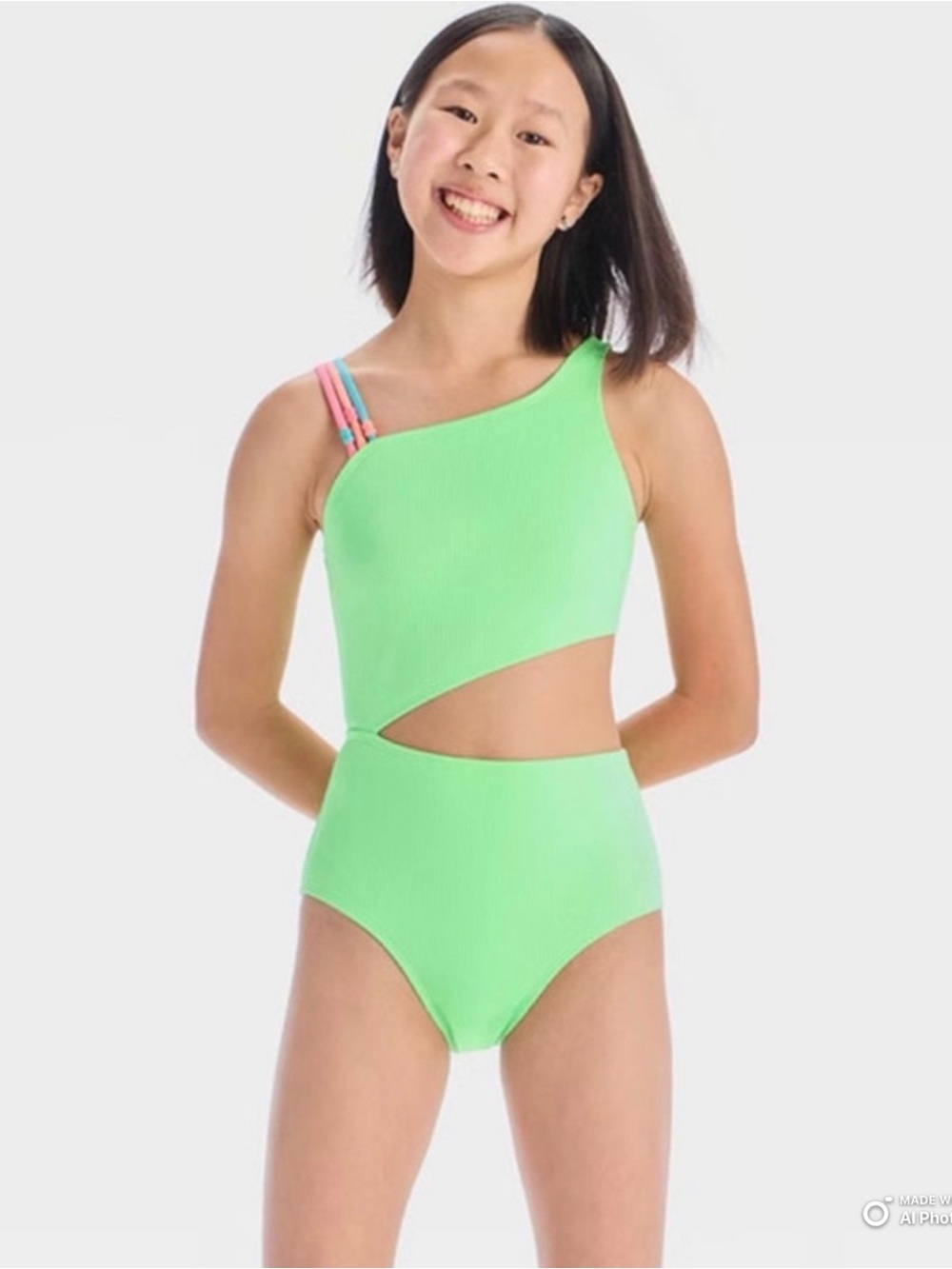 Art Class Girls Large Bright Lime Green Ribbed Cutout One Piece Swimsuit NWT